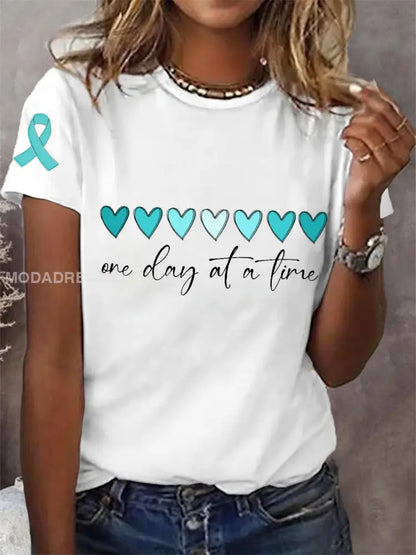 Kvinnors en dag vid en tid Teal Ribbon Ovarian cervikal medvetenhet Support Tee vit / S