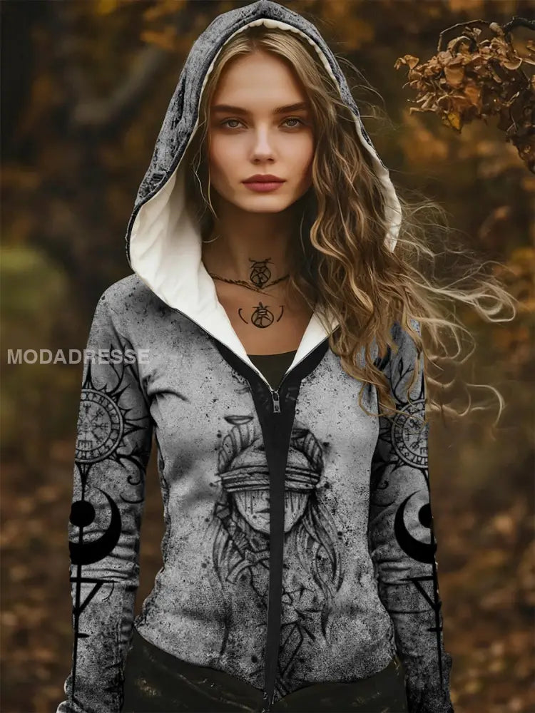 Kvinnors enigmatiska huvsymbol Skriv ut Zip-Up Hoodie-symbole flerlog / S