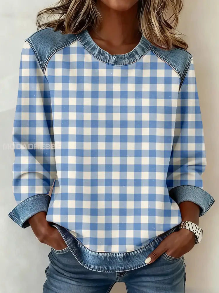 Kvinnors enkel plaid mönster Denim Patchwork Sweatshirt blå / S