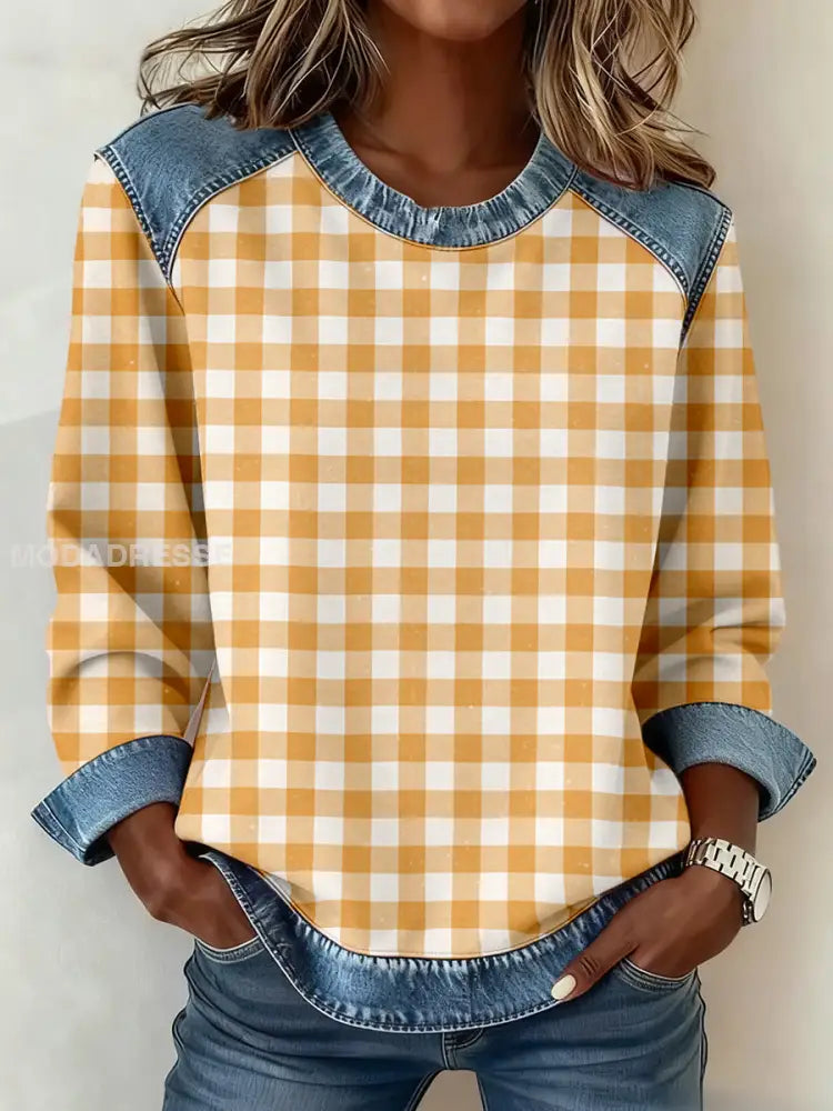 Kvinnors enkel plaid mönster Denim Patchwork Sweatshirt gul / S