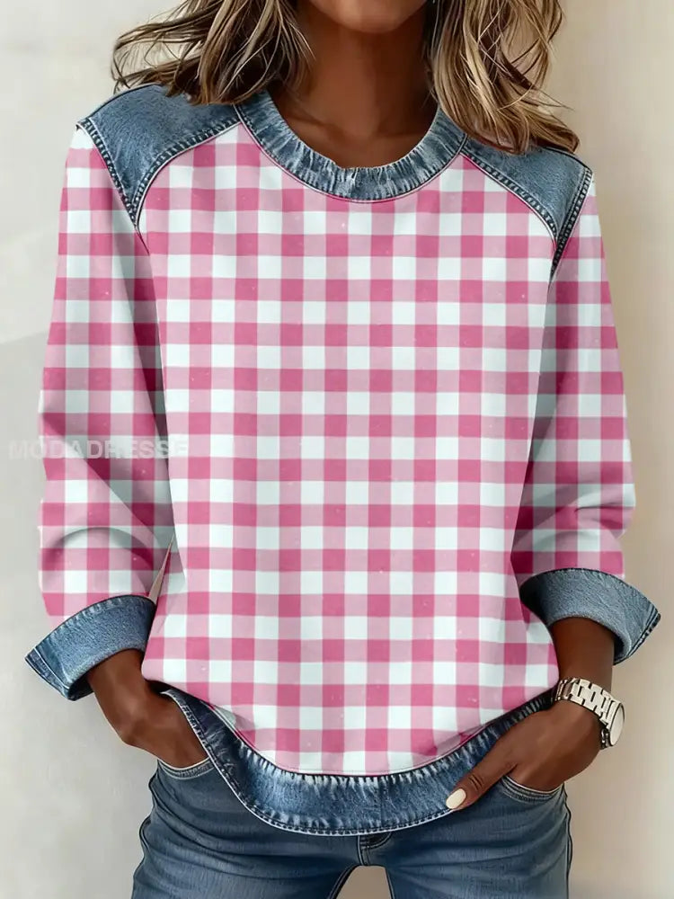 Kvinnors enkel plaid mönster Denim Patchwork Sweatshirt runt / S