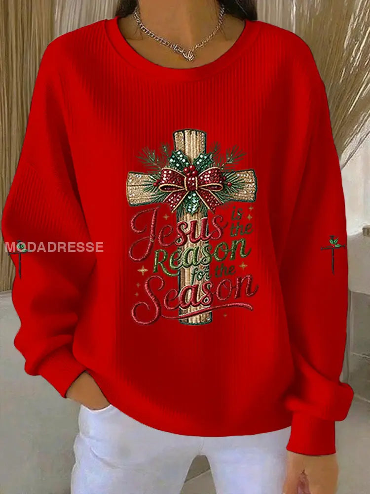 Kvinnors esus är orsaken till säsongen kors Ribbed runda hals sweatshirt rött / S