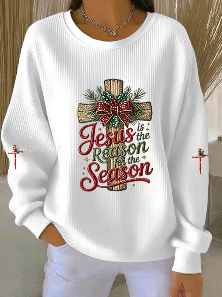 Kvinnors esus är orsaken till säsongen kors Ribbed runda hals sweatshirt vit / S