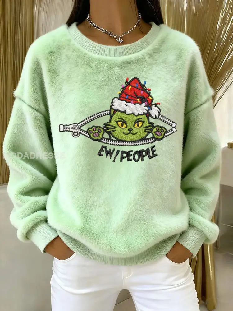 Kvinnors EW människor grön katt tryckt Plush Sweatshirt ljusgrön / S
