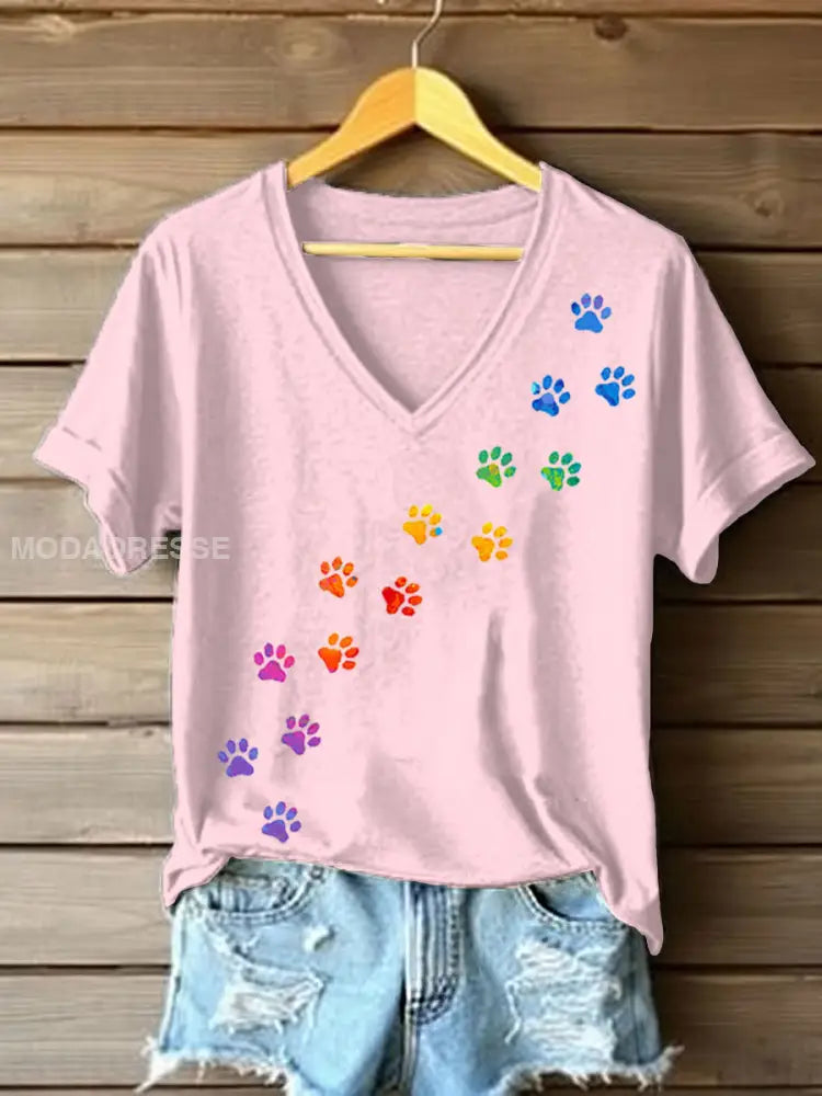 Kvinnors färgglada hund tass T-shirt ljus rosa / S