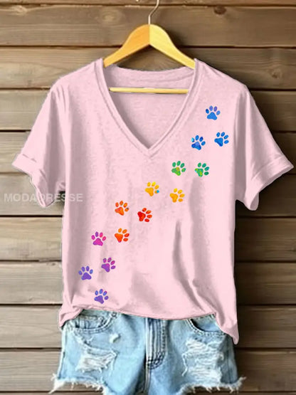 Kvinnors färgglada hund tass T-shirt ljus rosa / S