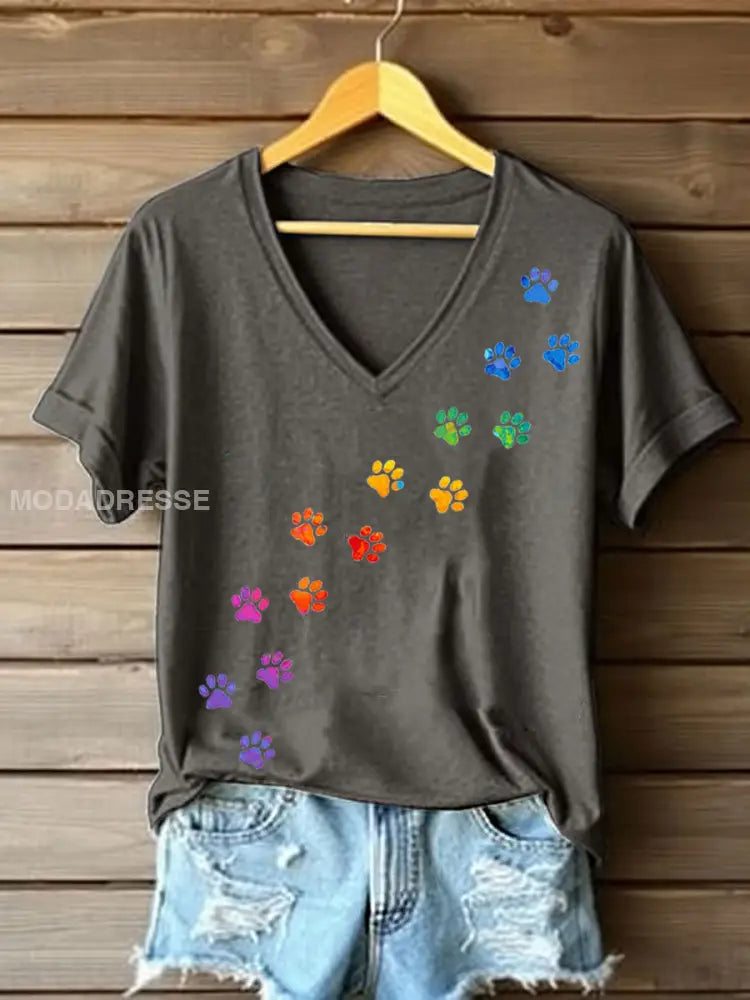 Kvinnors färgglada hund tass T-shirt mörk grå / S