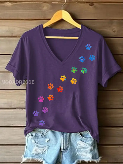 Kvinnors färgglada hund tass T-shirt mörkt / S