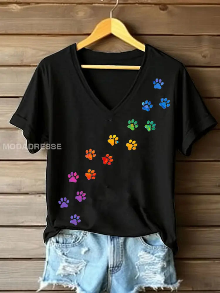 Kvinnors färgglada hund tass T-shirt svart / S