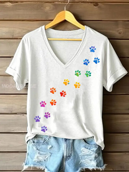 Kvinnors färgglada hund tass T-shirt vit / S