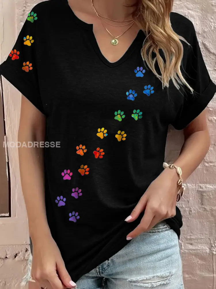 Kvinnors färgglada tass Print T-shirt svart / S