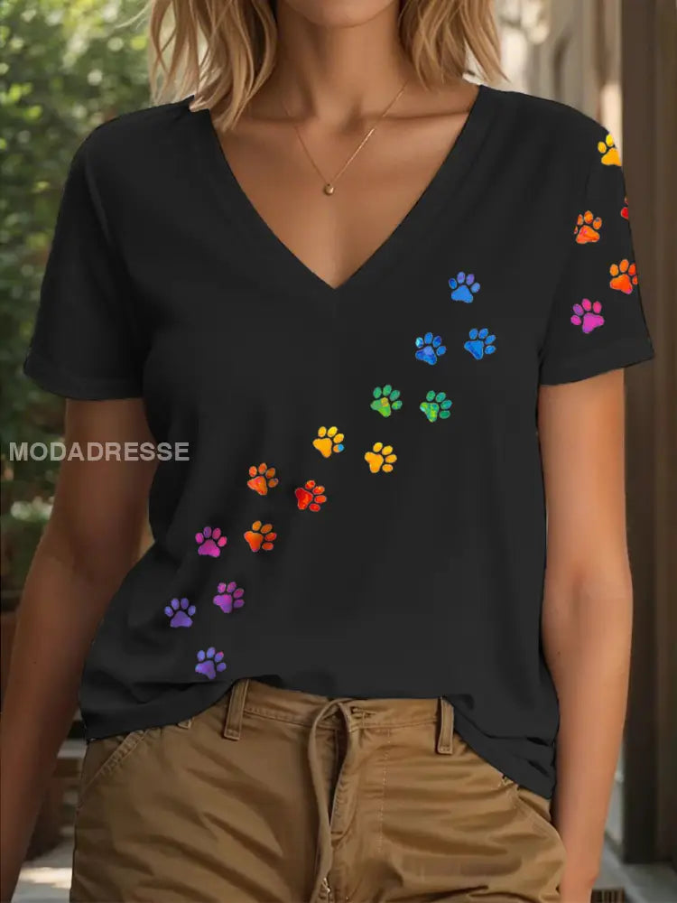 Kvinnors färgglada tass T-shirt svart / S