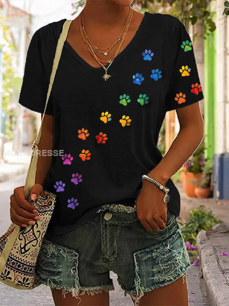 Kvinnors färgglada tass T-shirt svart / S
