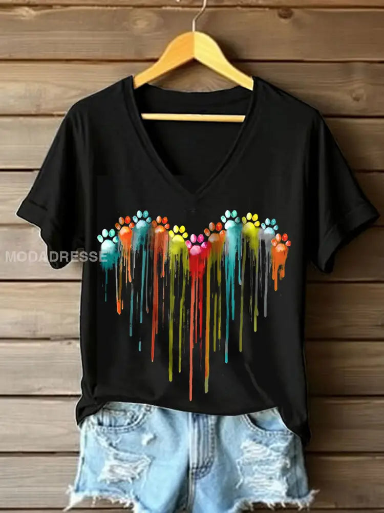 Kvinnors färgglada tass T-shirt svart / S