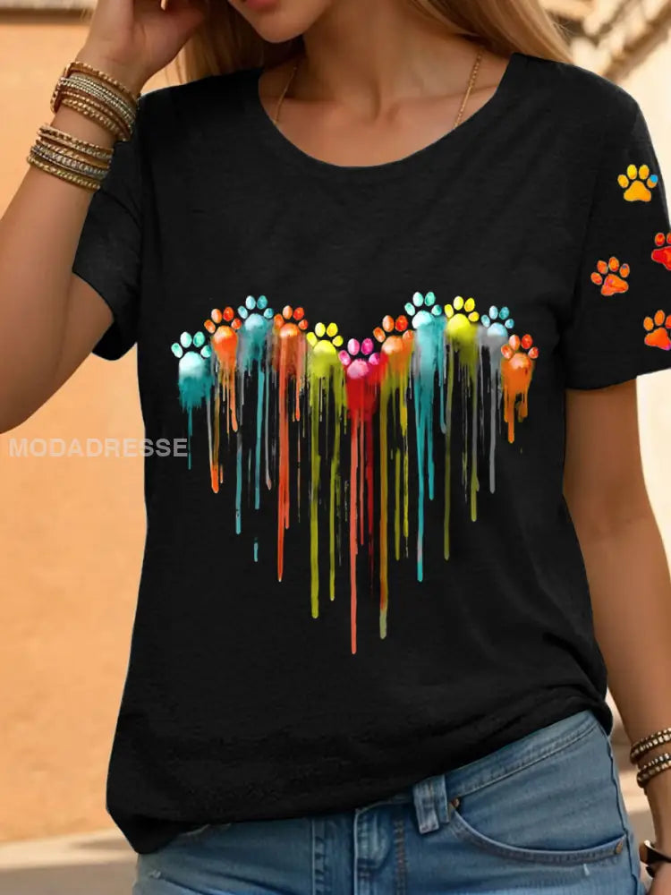 Kvinnors färgglada tass T-shirt svart / S