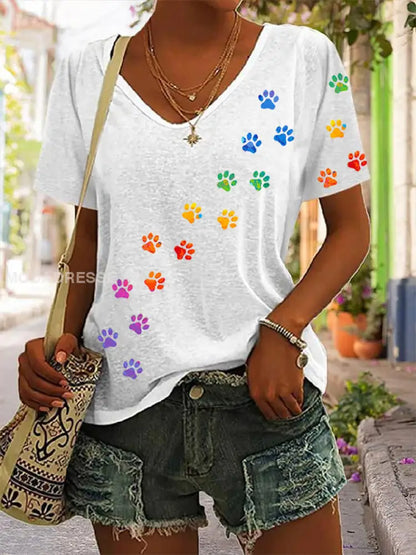 Kvinnors färgglada tass T-shirt vit / S