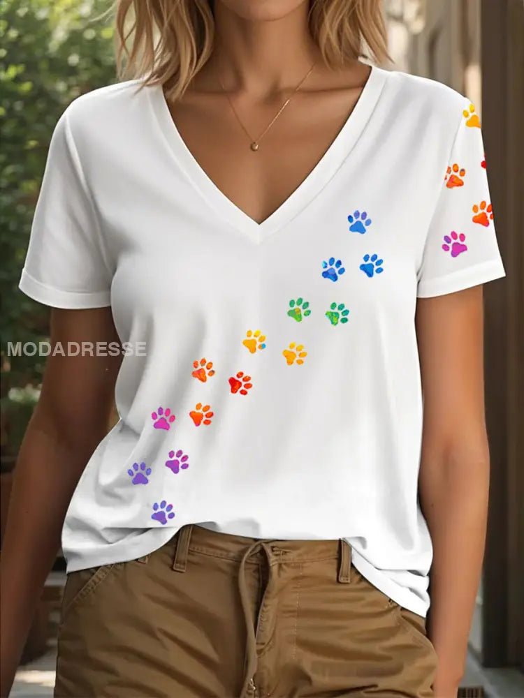 Kvinnors färgglada tass T-shirt vit / S