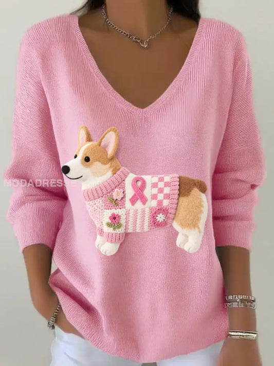 Kvinnors filt konst Corgi mönster V hals Ribbed topp runk / S