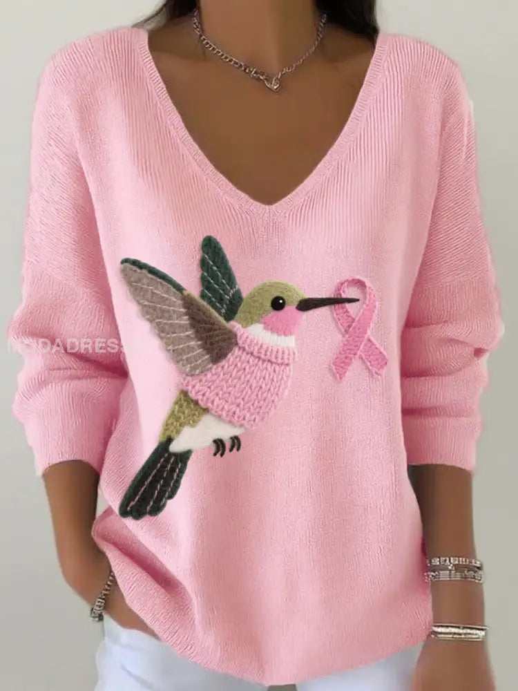Kvinnors filt konst Hummingbird mönster V hals Ribbed topp runk / S