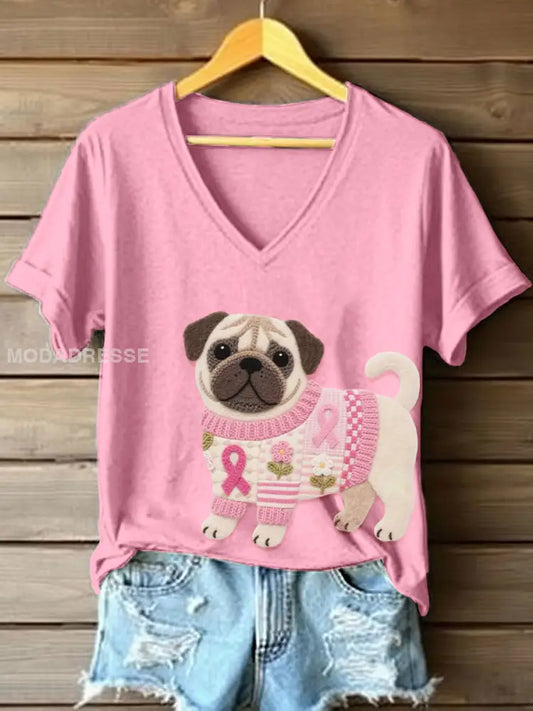 Kvinnors filt konst Pug mönster V hals T shirt runk / S