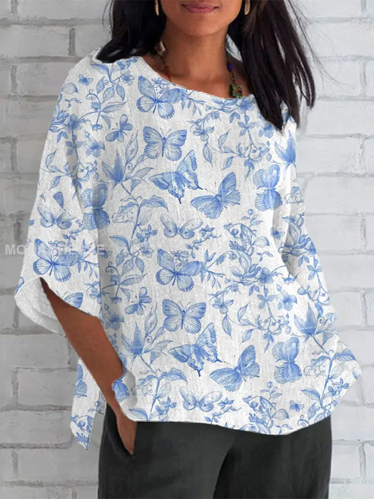 Kvinnors fjäril Print Casual T-shirt blå / S
