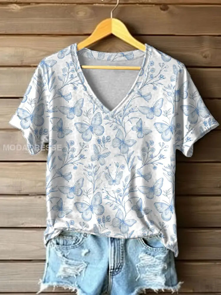 Kvinnors fjäril Print Casual T-shirt blå / S