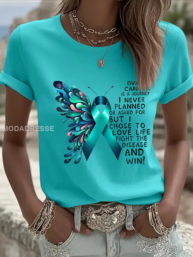 Kvinnors fjäril Teal Band Print Ovarian Cancer Medvetenhet Tee blå grön / S
