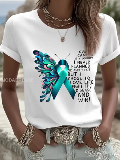 Kvinnors fjäril Teal Band Print Ovarian Cancer Medvetenhet Tee vit / S
