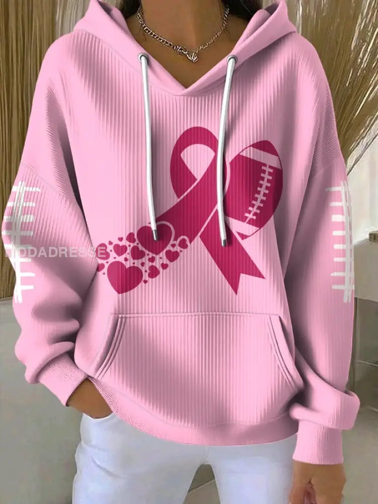 Kvinnors fotboll kombinerar med bröstcancer Hooded Sweatshirt med fickar ljusrosa / S