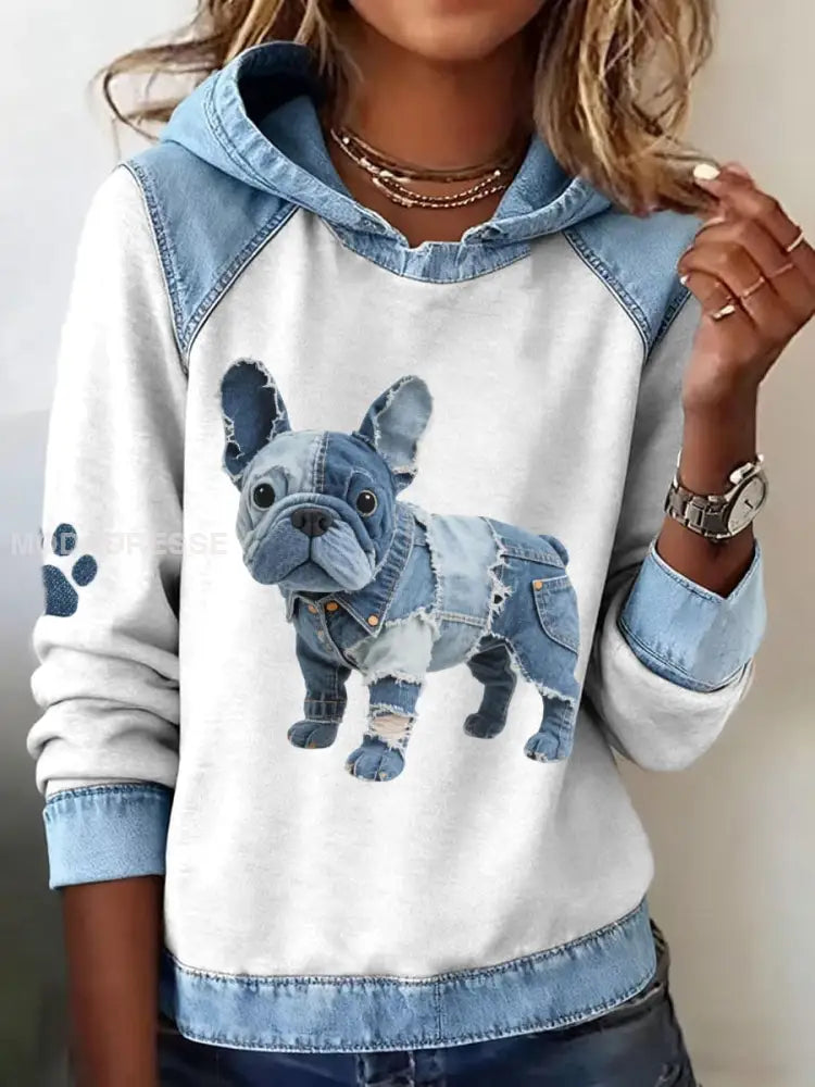 Kvinnors franska Bulldog mönster Denim Patchwork Art Hoodie vitt / S