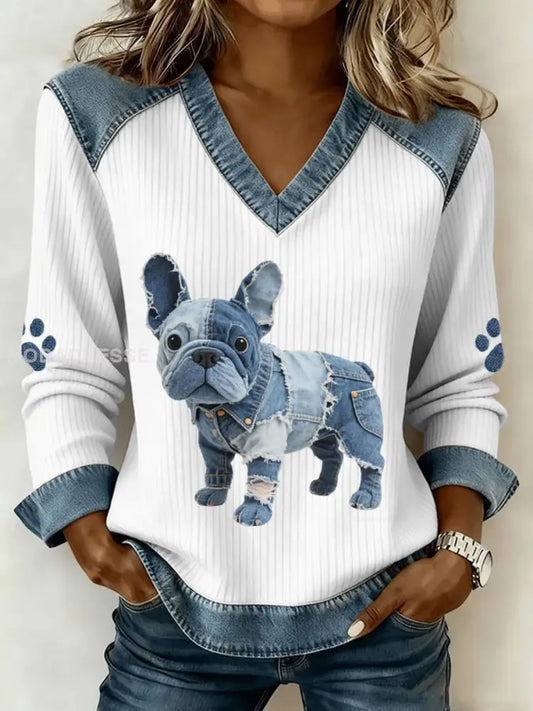 Kvinnors franska Bulldog mönster Denim Patchwork Art V-hals topp vitt / S