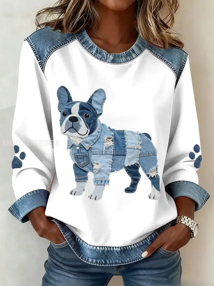 Kvinnors franska Bulldog mönster Denim Patchwork konst sweathirt vitt / S