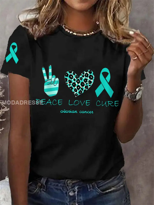 Kvinnors fred kärlek Kura Teal Ribbon Ovarian Cancer medvetenhet Support Tee svart / S