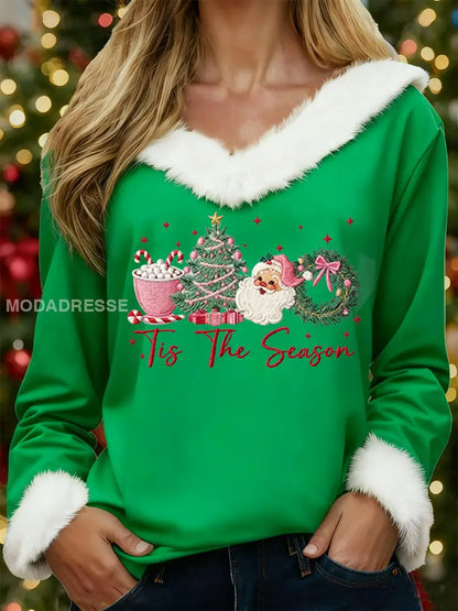 Kvinnors God jul jul Jultomten Skriv ut Casual Fur-Collar Topp grönt / S