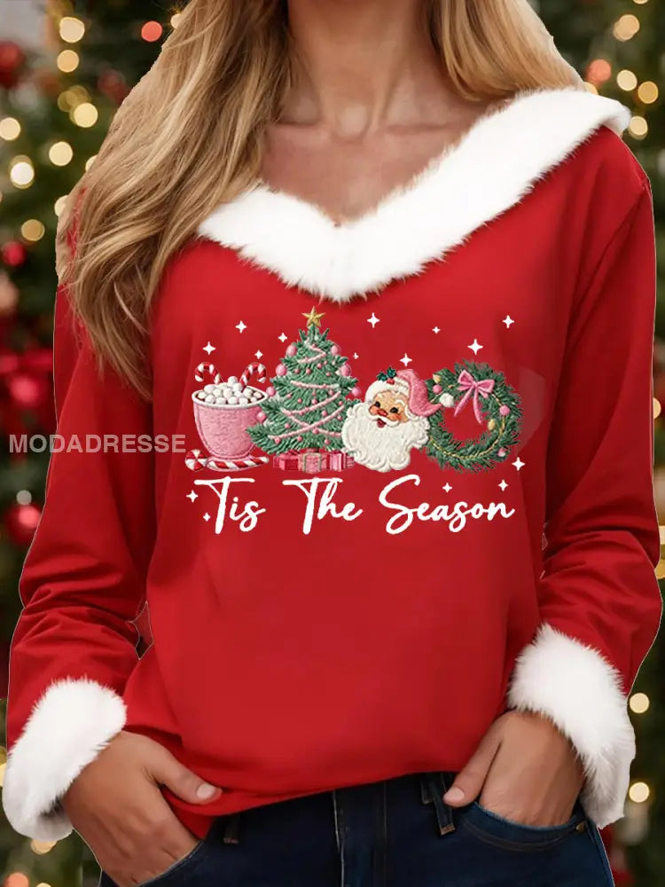 Kvinnors God jul jul Jultomten Skriv ut Casual Fur-Collar Topp rött / S