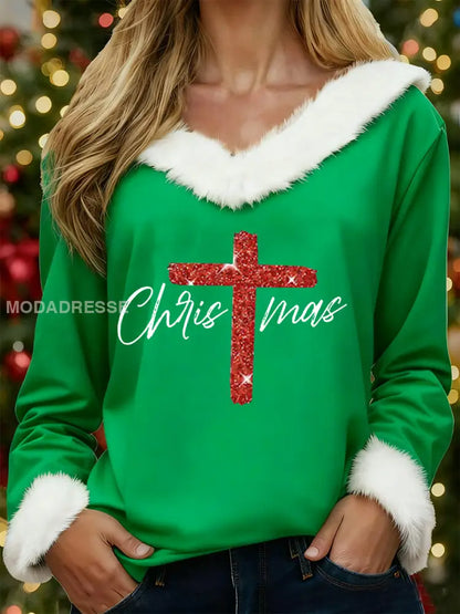Kvinnors God Jul Jul Kors Print Casual Fur-Collar Topp grönt / S