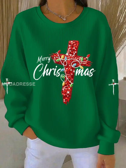 Kvinnors God jul Kors Ribbed runda hals sweatshirt grön / S