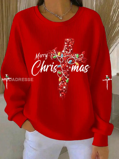 Kvinnors God jul Kors Ribbed runda hals sweatshirt röd / S
