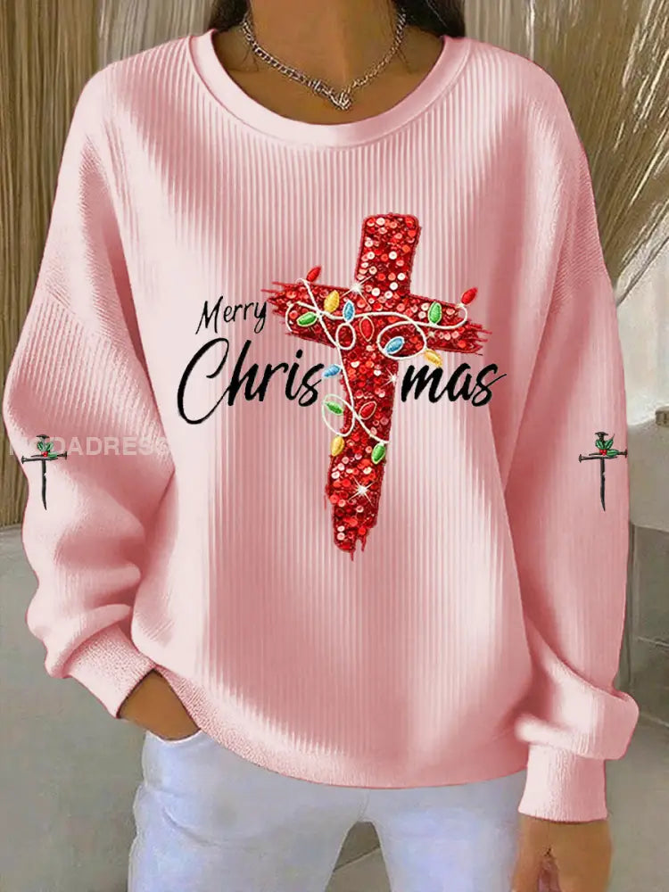 Kvinnors God jul Kors Ribbed runda hals sweatshirt runt / S