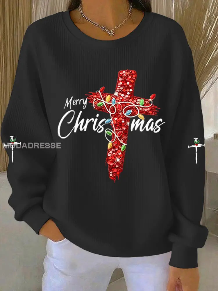 Kvinnors God jul Kors Ribbed runda hals sweatshirt svart / S