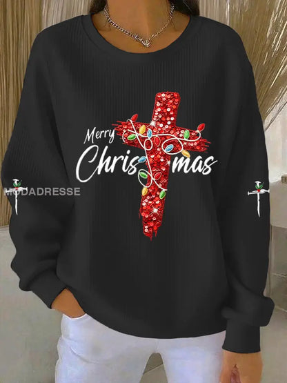 Kvinnors God jul Kors Ribbed runda hals sweatshirt svart / S