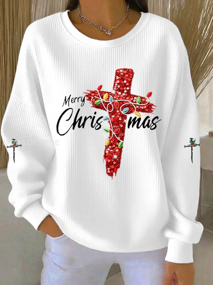 Kvinnors God jul Kors Ribbed runda hals sweatshirt vit / S