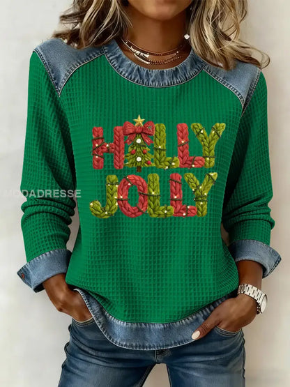 Kvinnors God jul träd konst tryckt Casual Våffle Topp grön / S