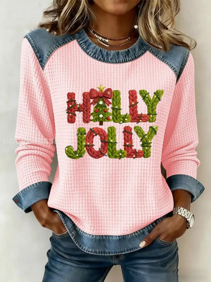 Kvinnors God jul träd konst tryckt Casual Våffle Topp runt / S