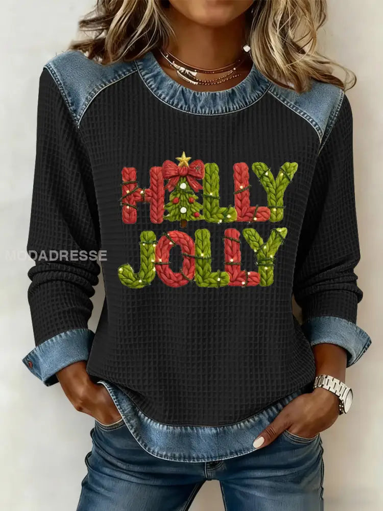 Kvinnors God jul träd konst tryckt Casual Våffle Topp svart / S