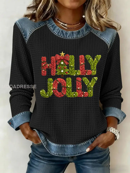 Kvinnors God jul träd konst tryckt Casual Våffle Topp svart / S