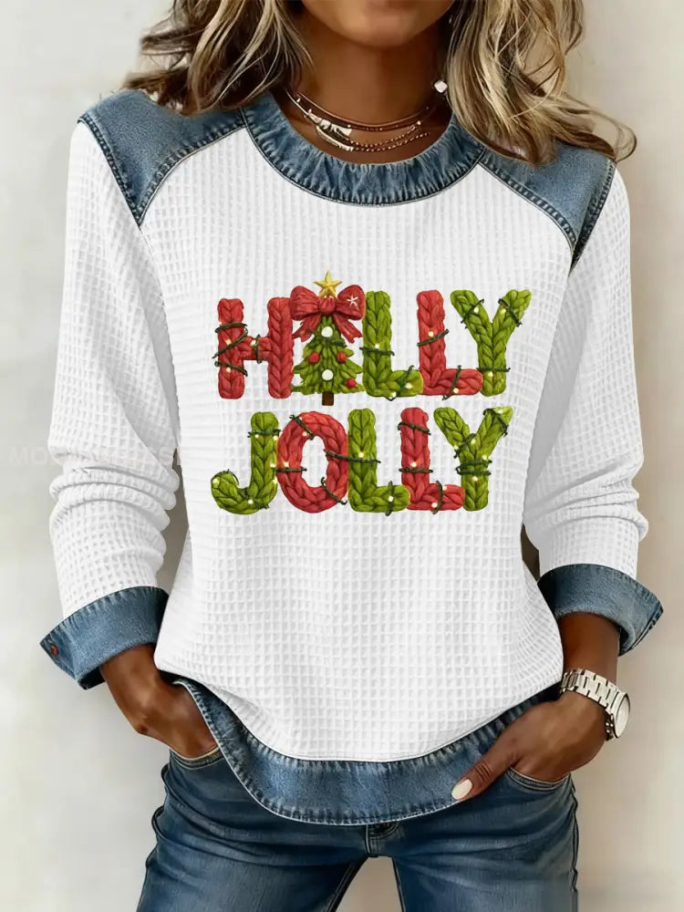 Kvinnors God jul träd konst tryckt Casual Våffle Topp vit / S