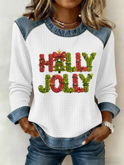 Kvinnors God jul träd konst tryckt Casual Våffle Topp vit / S