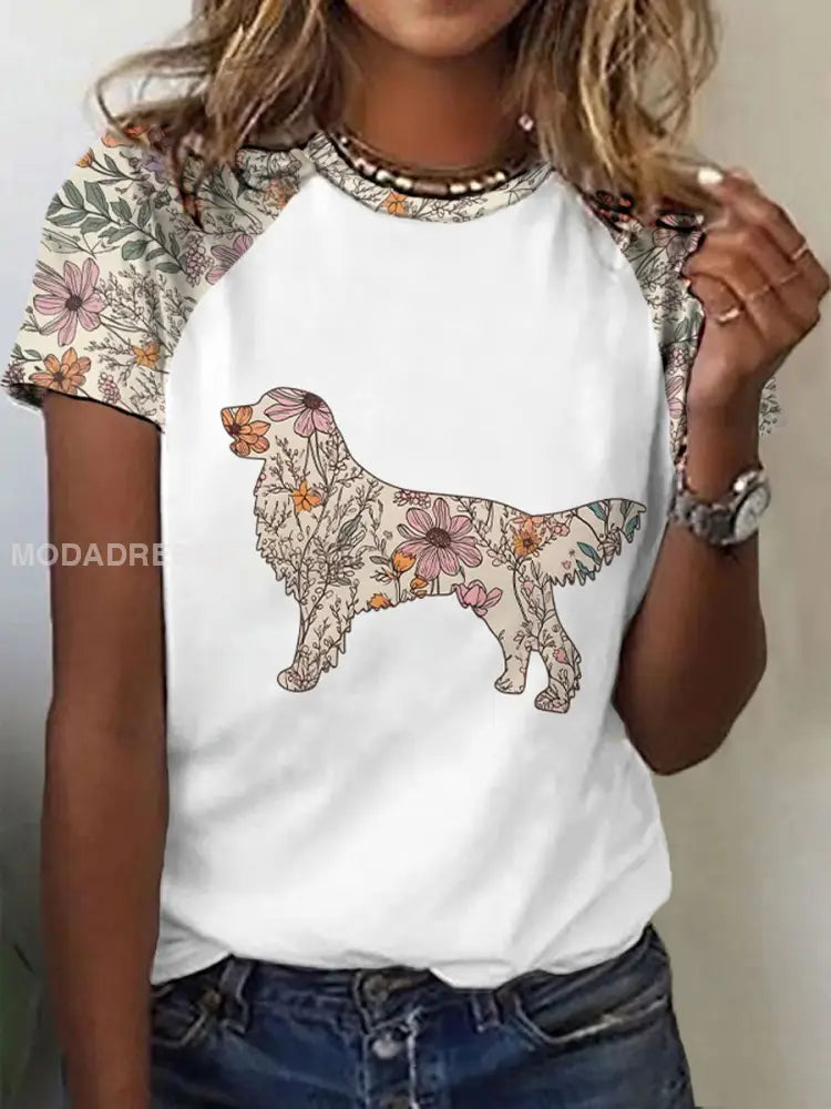 Kvinnors gyllene retriever tryckt Casual T-shirt vitt / S