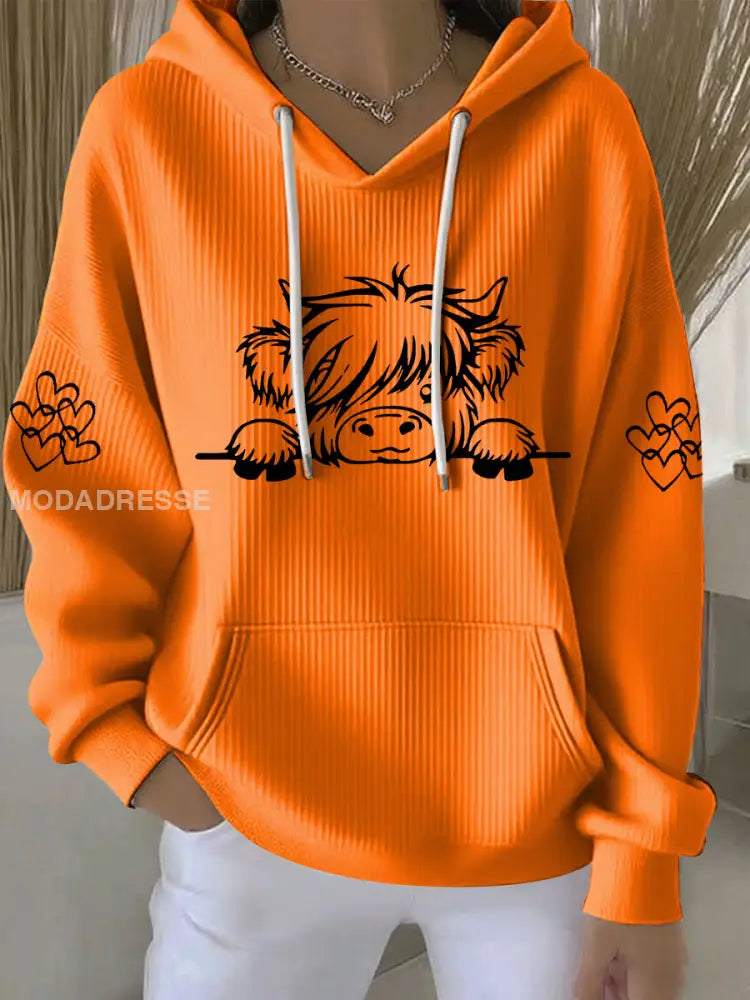 Kvinnors högland ko Print Casual Hoodie Print oräng / S